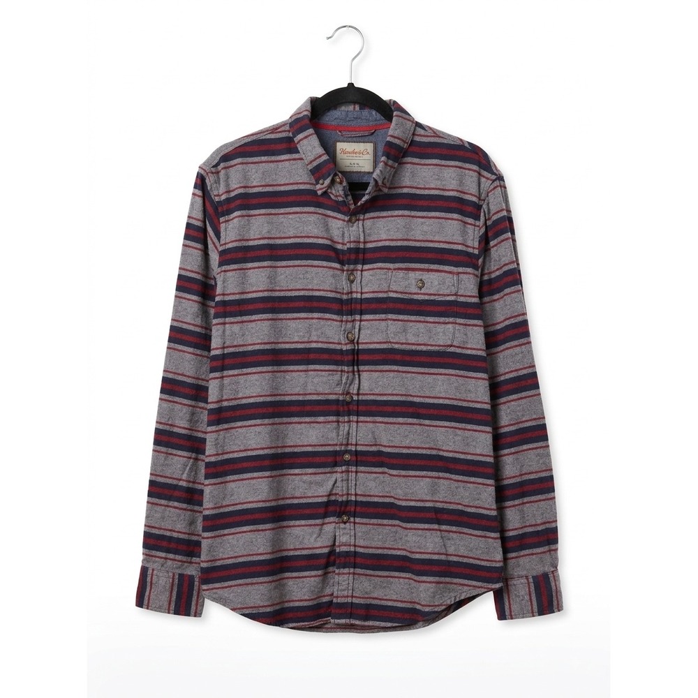 Hawke & Co Outfitter Mens XXL Grey Red Blue Striped Flannel Button Down Shirt